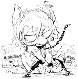 ambiguous_gender anthro arms_tied being_watched bodily_fluids bound chain chain_leash chained collar crowd fangs group hair leash legs_tied looking_at_another sitting solo tail tears teeth wounded young young_anthro doneru canid canine mammal black_and_white monochrome sketch