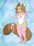 anthro blep bow_ribbon breasts cleavage clothed clothing costume ear_piercing female fluffy fluffy_tail freckles gesture hand_gesture legwear leotard looking_at_viewer navel one_eye_closed piercing ribbons solo tail thick_thighs thigh_highs tongue tongue_out v_sign wink winking_at_viewer sourmagic levi_kyros domestic_cat felid feline felis mammal valta