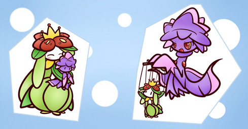 blush clothing crown doll duo eyes_closed female flower hat headgear headwear magic_user mouthless open_mouth plant puppet red_eyes witch witch_hat concave_(artist) nintendo pokemon generation_4_pokemon generation_5_pokemon ghost humanoid lilligant mismagius pokemon_(species) spirit