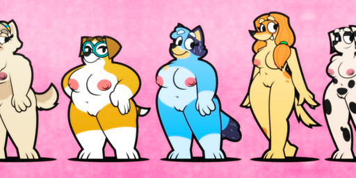 3_toes 4_fingers accessory aged_up anthro anthrofied areola belly black_eyelids black_nose black_spots black_tail_tip blue_arms blue_body blue_ears blue_eyebrows blue_face blue_feet blue_hair blue_hands blue_head blue_legs blue_tail braided_hair breasts brown_eyebrows brown_tail cheek_tuft chest_tuft comparison curled_tail dipstick_tail eyebrows eyelashes eyeshadow eyewear facial_markings facial_tuft feet female fingers fluffy fluffy_tail fur genitals glasses gloves_(marking) greying_hair group hair hand_on_hip hands_behind_back hands_on_hips head_markings head_tuft headband leg_markings lineup long_hair makeup markings mask_(marking) multicolored_body multicolored_fur multicolored_spots multicolored_tail nipples nude nude_anthro orange_arms orange_body orange_face orange_hair orange_legs orange_spots pink_areola pink_nipples plantigrade pose simple_background slightly_chubby slightly_chubby_anthro smile socks_(marking) spots spotted_arms spotted_body spotted_ears spotted_legs spotted_markings standing tail tail_markings tan_arms tan_belly tan_body tan_ears tan_eyebrows tan_eyelids tan_face tan_feet tan_fur tan_hair tan_hands tan_legs tan_snout tan_tail teal_eyewear teal_glasses teeth thin_tail toes tuft two_tone_body two_tone_fur two_tone_tail vulva white_arms white_body white_eyebrows white_face white_feet white_hair white_hands white_snout white_spots white_tail white_tail_tip yellow_arms yellow_belly yellow_head yellow_legs yellow_snout yellow_tail pbscddc bluey_(series) bingo_heeler bluey_heeler chloe_(bluey) honey_(bluey) indy_(bluey) judo_(bluey) afghan_hound australian_cattle_dog beagle canid canine canis cattledog chow_chow dalmatian domestic_dog herding_dog hunting_dog mammal pastoral_dog scent_hound sighthound spitz absurd_res hi_res adult_(lore)