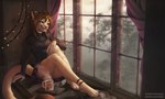anthro biped bottomless brown_hair clothed clothing coffee_mug detailed_background ear_piercing female green_eyes hair jewelry necklace piercing raining sitting solo topwear window deymos iskra samantha_bennett felid feline mammal 2022 5:3 artist_collaboration