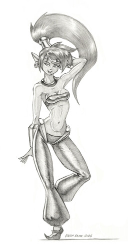 armor bracers clothed clothed_female clothing ear_piercing ear_ring female footwear hair hand_behind_head harem_outfit humanoid_pointy_ears midriff navel piercing pointy_ears ring_piercing shoes solo topwear tube_top baron_engel shantae_(series) wayforward shantae genie humanoid greyscale hi_res monochrome