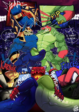 anthro armband audience balls big_penis blue_body blue_fur bone camera_flash casual_nudity clothing determined erection fighting_ring frottage fur genitals green_body green_scales group head_dress horn male male/male mask muscular muscular_anthro muscular_male nipples pecs_touching penile penis penis_grab penises_touching public public_nudity saggy_balls scales sex skull skull_head speech_bubble text torn_clothing trio vein veiny_penis cationalfa fauces_(cationalfa) karnak_(cationalfa) anubian_jackal canid canine canis crocodile crocodilian jackal kobold mammal reptile scalie absurd_res digital_media_(artwork) english_text hi_res