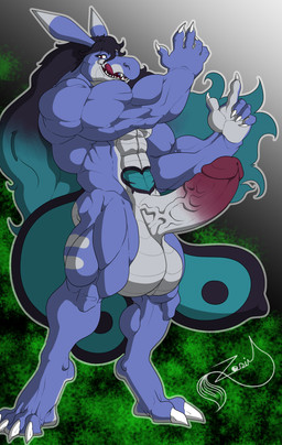 abs anthro balls big_balls big_muscles big_penis black_hair blue_body blue_scales claws genitals green_hair grey_body grey_scales hair huge_balls huge_muscles huge_penis humanoid_genitalia humanoid_penis licking licking_lips long_hair long_tail male multi_tail multicolored_body multicolored_hair multicolored_scales muscular muscular_anthro muscular_arms muscular_legs muscular_male muscular_thighs palmorph penis red_eyes red_penis scales sharp_teeth solo tail teeth tongue tongue_out vein veiny_penis zodimwolfclaw palworld pocketpair sammie_(zombiedwolf) lovander pal_(species) absurd_res hi_res