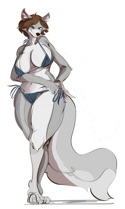 4_toes 5_fingers anthro big_breasts bikini bikini_bottom bikini_top black_nose breasts brown_hair clothed clothed_anthro clothed_female clothing feet female fingers fur grey_body grey_fur hair hindpaw humanoid_hands navel paws solo standing swimwear tail toes two-piece_swimsuit bananasneon accelerated_racing_association valeria_ren_(ara) canid canine canis mammal wolf hi_res