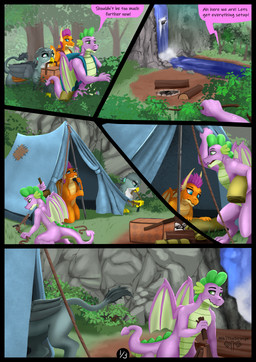 anthro backpack basket black_border blue_eyes blue_tent border building_fire butt camping campsite cat_tail cliff comic_panel container detailed_background dialogue dirt dragon_tail eye_contact feathered_wings feathers female female/female feral firepit forest forest_background fur grass green_eyes grey_body group hand_on_tree kneeling log looking_at_another male male/female membrane_(anatomy) membranous_wings nature nature_background orange_body page_number paws picnic_basket plant purple_body river riverbank rock rock_wall scales shrub sleeping_bag speech_bubble tail teal_eyes tent text tree trio walking walking_together water waterfall wings wood mik3thestrange friendship_is_magic hasbro my_little_pony mythology gabby_(mlp) smolder_(mlp) spike_(mlp) avian dragon gryphon mythological_avian mythological_creature mythological_scalie scalie 2024 comic english_text first_page hi_res signature
