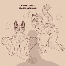 3_toes 4_fingers 6_nipples anthro anus bent_over black_ears black_nose blush blush_lines bodily_fluids butt circle_eyebrows claws dialogue dipstick_tail erection eyebrows eyelashes fangs feet female finger_claws fingers flesh_fang fur genital_fluids genitals group hand_on_butt looking_at_viewer looking_back lying male markings multi_nipple navel nipples nude nude_anthro nude_female offscreen_male on_back open_mouth open_smile pawpads paws penis penis_shadow raised_tail saliva simple_background smile spots spread_butt spread_vulva spreading steam stripes tail tail_markings teeth text toes trio vaginal_fluids vulva young young_anthro young_female young_focus cold-blooded-twilight dreamworks kung_fu_panda master_po_ping master_tigress song_(kung_fu_panda) bear felid giant_panda mammal pantherine tiger 1:1 2026 english_text hi_res monochrome sepia