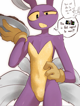 anthro bulge caine_censorship censor_bar censored_speech censored_text clothed clothing crossdressing grawlixes holding_object holding_plate leotard male plate purple_body simple_background solo speech_bubble text wearing_gloves white_background dullanboi glitch_productions the_amazing_digital_circus jax_(tadc) zooble_(tadc) lagomorph leporid mammal rabbit english_text hi_res