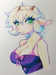 anthro big_breasts blush bow_ribbon bra breasts cleavage clothed clothing eyelashes female goat_ears green_eyes hair horn looking_at_viewer simple_background solo topwear underwear white_body white_hair white_skin murazaki bovid caprine goat mammal 3:4 hi_res portrait traditional_media_(artwork) watercolor_(artwork)