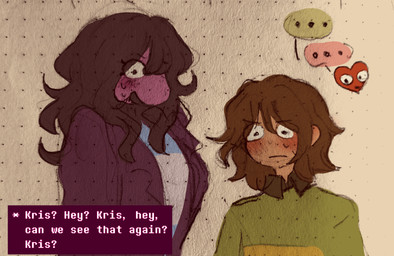ambiguous_gender anthro black_clothing black_eyes black_hair black_shirt black_topwear blue_clothing blue_shirt blue_topwear blush bodily_fluids clothed clothing dialogue ellipsis embarrassed female green_clothing green_sweater green_topwear group hair jacket long_hair open_clothing open_jacket open_topwear purple_body purple_clothing purple_jacket purple_scales purple_topwear scales shirt speech_bubble sweat sweater text topwear trio white_clothing white_shirt white_topwear yellow_clothing yellow_sweater yellow_topwear sillysadduck deltarune undertale_(series) kris_dreemurr soul_(deltarune) susie_(deltarune) human lizard mammal reptile scalie soul_(undertale) english_text hi_res nonbinary_(lore)
