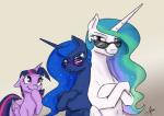 eyewear feathered_wings feathers female feral group horn looking_at_viewer shutter_shades smile wings silfoe friendship_is_magic hasbro my_little_pony mythology princess_celestia_(mlp) princess_luna_(mlp) twilight_sparkle_(mlp) equid equine mammal mythological_creature mythological_equine winged_unicorn 2016