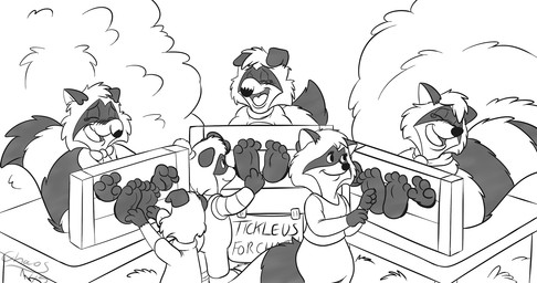 4_fingers 4_toes anthro barefoot biped blush bound bow_tie breasts clothed clothing detailed_background eyebrows eyes_closed facial_markings facial_tuft feet female fingers fluffy fluffy_tail foot_fetish forest fully_clothed fur grass group handpaw head_markings head_tuft hindpaw humiliation looking_at_another male markings mask_(marking) open_mouth outside paws plant plantigrade platform public public_humiliation pupils restrained restraints ring_(marking) ringed_tail scarf shirt sign sitting smile stocks striped_markings striped_tail stripes stuck sweater tail tail_markings text tickle_torture tickling tickling_feet toes toony topwear torture tree tuft young young_anthro chaos99 the_raccoons annie_ringtail bentley_raccoon bert_raccoon george_raccoon melissa_raccoon ralph_raccoon mammal procyonid raccoon 2015 digital_media_(artwork) english_text greyscale hi_res monochrome signature