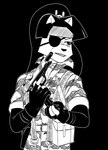 anthro clothed clothing cosplay eye_patch eyewear female fingers fur gun hair handgun holding_gun holding_object holding_ranged_weapon holding_weapon m1911 pistol ranged_weapon simple_background solo weapon callmewritefag konami metal_gear usagi_yojimbo chizu_(usagi_yojimbo) naked_snake domestic_cat felid feline felis mammal 2024 black_and_white digital_drawing_(artwork) digital_media_(artwork) hi_res monochrome