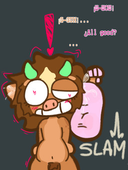 all_the_way_through anthro big_penis bodily_fluids cum cum_on_ear duo ear_grab ear_penetration ear_pull genital_fluids genitals horn male male/male mindfuck nude_anthro penetration penis axouwur amphibian aquatic axolotl bovid bovine cattle mammal mole_salamander salamander hi_res