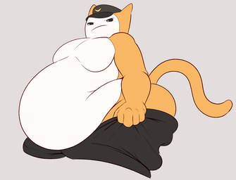 annoyed anthro belly belly_overhang black_bottomwear black_clothing black_hat black_headwear black_pants bottomwear clothing countershading frown grey_background hat headgear headwear male moobs orange_body overweight overweight_male pants pulling_pants_up simple_background solo three-quarter_view white_body white_countershading brick_break_after_dark cat_guard hi_res