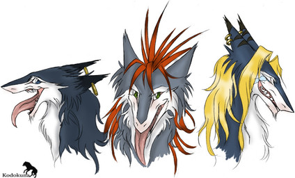 bodily_fluids crying ear_piercing eyes_closed front_view group long_tongue looking_at_viewer open_mouth open_smile piercing side_view smile tears teeth tongue tongue_out trio kodokuna sergal 2006