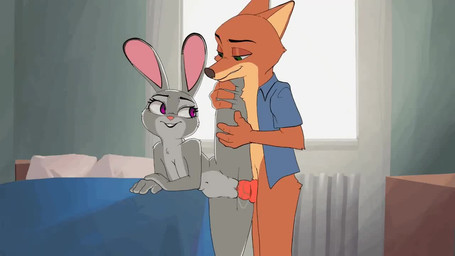 abdominal_bulge animal_genitalia animal_penis anthro anthro_on_anthro ballerina_position bed bodily_fluids bottomless breasts canine_genitalia canine_penis clothed clothed_sex clothing duo female female_penetrated flexible fur furniture genital_fluids genitals green_eyes inside interspecies knot leg_grab looking_at_another looking_at_partner looking_back male male/female male_penetrating male_penetrating_female navel nude one_leg_up open_clothing open_shirt open_topwear penetration penis predator/prey purple_eyes raised_leg sex shirt shirt_only splits spread_legs spreading standing topwear topwear_only vaginal vaginal_fluids vaginal_penetration vertical_splits vulva qupostuv35 disney zootopia judy_hopps nick_wilde canid canine fox lagomorph leporid mammal rabbit red_fox true_fox 16:9 animated loop no_sound short_playtime video widescreen