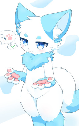 4_fingers :3 ambiguous_gender anthro big_eyes black_nose blue_body blue_eyes blue_fur blush blush_lines check_mark claws closed_smile digitigrade dipstick_tail explicitly_stated_consent eyebrows featureless_crotch finger_claws fingerless_(marking) fingerless_gloves_(marking) fingers front_view fur gloves_(marking) inner_ear_fluff kemono markings mouth_closed multicolored_body multicolored_fur musical_note musical_symbol nude offscreen_character pattern_background pawpads paws pink_pawpads pupils question_mark ruff simple_background smile solo speech_bubble standing symbol tail tail_markings thick_thighs three-quarter_view tuft two_tone_body two_tone_fur white_body white_fur wide_hips shirom canid canine fox mammal 2025 cel_shading digital_media_(artwork) hi_res pictographics portrait shaded three-quarter_portrait male_(lore)