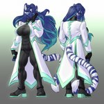 5_fingers abs anthro assassin athletic athletic_anthro athletic_female big_breasts black_nose blue_body blue_eyes blue_fur blue_hair bodysuit breasts claws clothing coat female fingerless_gloves fingers fur gloves hair handwear humanoid_hands inner_ear_fluff long_hair skinsuit smile solo spy standing striped_body striped_fur stripes tail tight_clothing topwear tuft white_stripes didihell katerina_'katya'_alkaev felid hybrid mammal pantherine tiger 1:1 2024 hi_res model_sheet