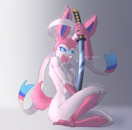 anthro blue_eyes breasts butt female katana looking_at_viewer melee_weapon nude sitting sitting_on_ground solo sword weapon jimblym nintendo pokemon eeveelution generation_6_pokemon pokemon_(species) sylveon hi_res