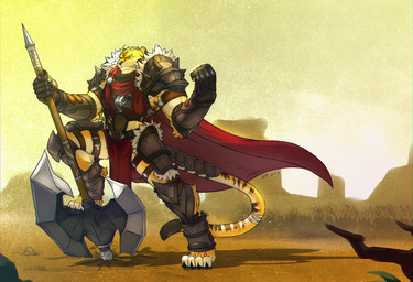anthro armor axe cape clothing double_bitted_axe grin male melee_weapon smile solo stripes tail warrior weapon fliegen80s felid mammal pantherine tiger