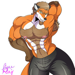 abs anthro arm_hair armpit_focus armpit_hair barazoku biceps black_bottomwear black_clothing black_ears black_nose black_outline black_pants body_hair bottomwear brown_armpit_hair brown_arms brown_eyebrows brown_facial_hair brown_fingers brown_goatee brown_hair brown_hands bulge chest_tuft clothed clothing countershade_face countershade_torso countershading daddyfication ear_piercing ear_ring eyebrows facial_hair fist_on_hip gloves_(marking) goatee green_eyes grin grinning_at_viewer hair hand_behind_head happy_trail inner_ear_fluff looking_at_viewer male manly markings mature_anthro mature_male muscular muscular_anthro muscular_arms muscular_male nipple_piercing nipple_ring nipples orange_arms orange_face orange_tail outline pants pecs piercing pink_nipples raised_arm ring_piercing simple_background small_nipples smile smiling_at_viewer solo tail text thick_arms thick_eyebrows topless topless_anthro topless_male tuft two_tone_arms two_tone_face white_background white_face white_inner_ear white_inner_ear_fluff pique_raj mordecai_(pique_raj) canid canine fox mammal 1:1 2016 artist_name digital_drawing_(artwork) digital_media_(artwork) signature