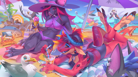anthro beach bikini clothing dessert female food group ice_cream lying male sea swimwear two-piece_swimsuit water kyander mythology avian bat bird canid canine dragon fox lagomorph leporid lizard mammal mythological_creature mythological_scalie rabbit reptile scalie