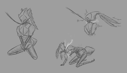 all_fours ambiguous_gender antennae_(anatomy) anthro bdsm bondage bound hands_tied kneeling leash leash_pull machine masturbation narrowed_eyes segmented_body solo wire_play cogheartflutters hollow_knight:_silksong hollow_knight_(franchise) team_cherry second_sentinel arthropod robot hi_res monochrome sketch sketch_page