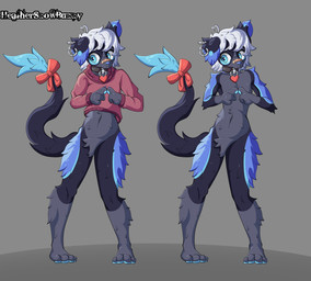 4_toes accessory ahoge anthro bandage bandage_on_face bandage_on_nose black_body black_fur blue_body blue_eyes blue_fur blue_nose blue_tail_tip bow_ribbon clothing collar collar_only dipstick_tail ear_piercing ear_ring feet fingers_together fur furgonomics hair heart_tag male markings nude piercing ribbons ring_piercing solo standing sweater tail tail_accessory tail_bow tail_markings tail_ribbon toes topwear wearing_collar white_hair vendettarevenge unknown_species absurd_res character_request hi_res