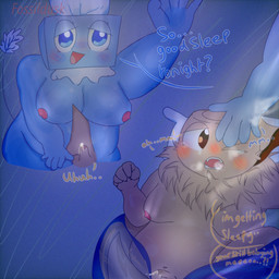 anthro bedding blanket blush bodily_fluids breasts chest_tuft claws crying dialogue ejaculation ellipsis embarrassed female fog genitals gynomorph gynomorph/female headpat interrobang intersex intersex/female moan night penis pillow question_mark sex sharp_teeth sleep_sex sleeping small_penis smile tail tail_motion tailwag tears tears_of_pleasure teeth text tired tuft fossildusk blushcrunch_studio dandy's_world roblox shelly_(dandy's_world) tisha_(dandy's_world) 1:1 english_text hi_res
