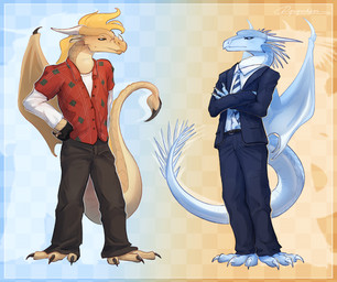 accessory anthro anthrofied belt black_sclera blonde_hair blue_body blue_bottomwear blue_clothing blue_eyes blue_overcoat blue_pants blue_scales blush bottomwear brown_body brown_eyes brown_scales claws clothing crossed_arms duo facial_scar finger_claws fingerless_gloves gloves hair hands_on_hips handwear head_spikes horn looking_at_another male membrane_(anatomy) membranous_wings necktie nose_spike pants pattern_necktie red_clothing red_shirt red_topwear scales scar shirt snout spikes spikes_(anatomy) stinger stinger_tail striped_necktie tail toe_claws topwear white_clothing white_shirt white_topwear wings ququshkas mythology wings_of_fire qibli_(wof) winter_(wof) dragon icewing_(wof) mythological_creature mythological_scalie sandwing_(wof) scalie 2025 hi_res shaded signature