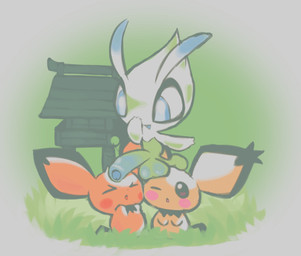 ambiguous_gender balls_on_head blue_eyes chibi eyes_closed feral genitals grass group hand_on_face humanoid_genitalia humanoid_penis male penis penis_on_head plant shrine thin_calves thin_legs thin_thighs trio clockstops3am conditional_dnp nintendo pokemon spiky-eared_pichu celebi generation_2_pokemon legendary_pokemon pichu pokemon_(species) 2022 hi_res