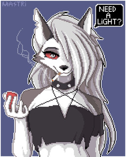 anthro black_body black_clothing black_ears black_fur black_nose black_topwear breasts cigarette cigarette_in_mouth cigarette_smoke clothed clothed_anthro clothed_female clothing collar dialogue dialogue_box female front_view fur grey_hair hair holding_lighter holding_object lighter long_hair looking_at_viewer makeup multicolored_body multicolored_fur object_in_mouth occult_symbol pentagram red_sclera simple_background smoke solo spiked_collar spikes symbol topwear white_body white_fur mastri hellaverse helluva_boss mythology loona_(helluva_boss) canid canid_demon canine demon hellhound mammal mythological_canine mythological_creature 2025 4:5 digital_media_(artwork) hi_res pixel_(artwork)