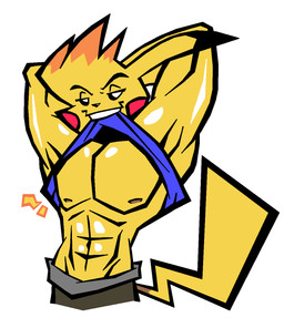abs anthro bedroom_eyes clothed clothing clothing_lift looking_at_viewer male muscular muscular_arms narrowed_eyes nipples pecs red_cheeks seductive solo sabs nintendo pokemon generation_1_pokemon mammal mouse murid murine pikachu pokemon_(species) rodent hi_res