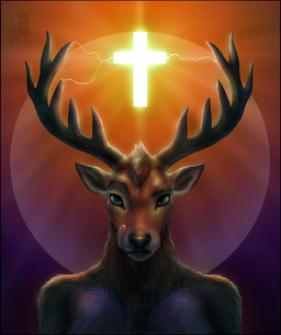 anthro antlers black_nose brown_body brown_fur brown_hair clothed clothing cross fur hair horn licking licking_lips licking_own_lips looking_at_viewer male self_lick smile solo tongue tongue_out topless zenthetiger jägermeister deer mammal hi_res
