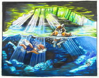 anthro black_nose brown_body brown_fur brown_hair bubble clothed clothing diving duo fur hair light light_beam logo male mouth_closed orange_body orange_eyes orange_fur short_hair sunbeam sunlight swimming topless white_body white_fur young young_anthro young_male pandapaco canid canine fox mammal procyonid raccoon artist_logo signature