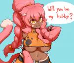 :3 areola big_breasts blue_background blush breasts dark_body dark_skin dialogue fangs female hair heart_symbol looking_at_viewer nipple_outline orange_eyes pink_hair simple_background solo speech_bubble talking_to_viewer teeth text under_boob fatmanass husband_hunter nyuu-ja animal_humanoid cat_humanoid felid felid_humanoid feline feline_humanoid humanoid mammal mammal_humanoid absurd_res english_text hi_res