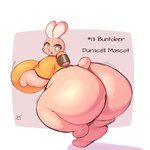 1:1 anthro battery big_breasts big_butt breasts butt clothing duracell duracell_bunny female green_eyes hi_res huge_breasts huge_butt lagomorph leporid lightmizano mammal pink_body rabbit scut_tail shirt short_tail solo tail thick_thighs topwear