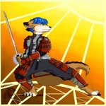 anthro armor blue_hair cosplay demonic_gauntlet green_eyes hair katana male melee_weapon solo sword weapon by:_muun capcom onimusha samanosuke_akechi wise_(wiseesp) canid canine culpeo_fox fox mammal south_american_fox 1:1 absurd_res hi_res