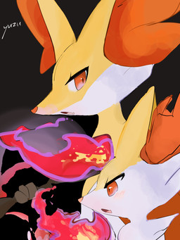 ambiguous_anthro ambiguous_gender anthro biped blush duo elemental_manipulation evolutionary_family fire fire_manipulation flesh_fang holding_object holding_stick looking_at_viewer open_mouth side_view simple_background snout standing stick zen_(koko) nintendo pokemon braixen canid delphox generation_6_pokemon mammal pokemon_(species) 2023 3:4 digital_drawing_(artwork) digital_media_(artwork) hi_res unavailable_at_source
