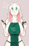 anthro apron apron_only areola areola_slip big_breasts blue_eyes blush breasts clothed clothing curvy_figure dual_holding female floppy_ears fur green_apron green_clothing grey_background hair holding_binder holding_object holding_pen holding_writing_utensil horn ineffective_clothing looking_at_viewer mostly_nude notebook pen pink_areola simple_background smile solo text text_on_apron text_on_clothing white_body white_fur white_hair writing_utensil buta99 i_mean_breast_milk vanilla_(buta99) bovid caprine goat mammal digital_media_(artwork) english_text hi_res meme shaded