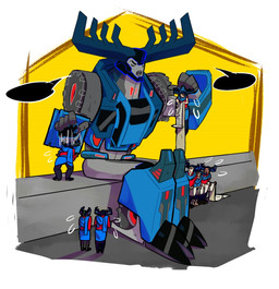 antlers bodily_fluids clothed clothing group hooves horn machine male not_furry open_mouth scroll simple_background sitting sweat teeth tongue wheel haloblue hasbro takara_tomy transformers transformers:_robots_in_disguise_(2015) transformers_aligned_continuity thunderhoof_(transformer) cybertronian deer human humanoid living_machine mammal robot digital_media_(artwork)