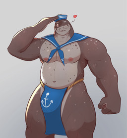 anthro areola barazoku belly biceps big_muscles biped blue_bottomwear blue_clothing blue_hat blue_headwear blue_kerchief blue_loincloth blue_neckerchief bottomwear brown_body bulge closed_smile clothed clothed_anthro clothed_male clothing countershade_face countershade_hands countershade_neck countershade_torso countershading deltoids fingers fist front_view gesture gesturing_at_viewer grey_background hat headgear headwear heart_symbol humanoid_hands kerchief loincloth looking_at_viewer male male_anthro monotone_background mouth_closed multicolored_body musclegut muscular muscular_anthro muscular_male muscular_thighs navel neckerchief neckwear nipples one_eye_closed pecs pink_areola pink_nipples quads raised_arm sailor sailor_cap salute simple_background smile smiling_at_viewer solo spots standing teeth triceps whisker_spots wink winking_at_viewer dullaram mammal marine pinniped seal digital_media_(artwork) hi_res portrait shaded three-quarter_portrait