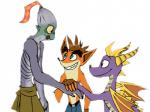 brown_hair clothed clothing fingerless_gloves fur gloves group hair handwear horn male orange_body orange_fur purple_body purple_scales scales sewn_mouth simple_background smile topless white_background wings yellow_sclera hansuoddie activision crash_bandicoot_(series) mythology oddworld spyro_the_dragon abe_(oddworld) crash_bandicoot spyro alien alien_humanoid bandicoot dragon humanoid mammal marsupial mudokon mythological_creature mythological_scalie scalie 2014 4:3