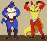 anthro armpit_hair body_hair bulge clothing duo flexing german german_flag male male/male muscular muscular_male saltire scottish scottish_flag speedo swimwear intimatewolf nintendo pokemon canid canine delphox generation_4_pokemon generation_6_pokemon lucario mammal pokemon_(species)