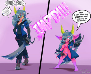 boots bottomwear breasts clothing dialogue female footwear gender_transformation genitals gloves growth handwear holding_melee_weapon holding_object holding_sword holding_weapon horn humanoid_pointy_ears jacket male melee_weapon mtf_transformation navel nipples not_furry pants pointy_ears red_body shirt shoes short_stackification shortstack shortstack_female shrinking simple_background size_transformation smile solo spade_tail species_transformation standing sword tail tail_growth text topwear transformation vulva weapon little_b0t horned_humanoid humanoid imp 2025 absurd_res digital_media_(artwork) english_text hi_res