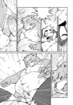 anthro balls bear belly bodily_fluids canid canine canis censored comic cum cumshot domestic_dog duo ejaculation erection genital_fluids genitals greyscale hi_res humanoid_genitalia humanoid_penis male male/male mammal monochrome mosaic_censorship orgasm overweight overweight_male penis small_penis takagi_kyou