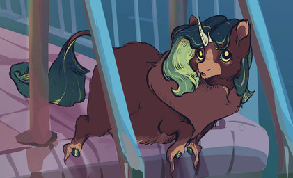 1_horn alternate_color ambiguous_feral ambiguous_gender brown_body brown_fur feral fur green_eyes green_hair green_tail hair horn looking_up neck_tuft open_mouth poolside side_view solo tail tuft water white_horn unhealthyobsession fluffy_pony fluffy_pony_(species) mammal seafluff