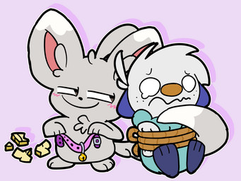 ambiguous_gender arms_tied bdsm bell bell_collar blush bondage bound collar duo restraints rope rope_bondage scared smile smirk smug tail tail_coil smokyraboot nintendo pokemon generation_5_pokemon minccino oshawott pokemon_(species) 4:3