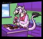 anthro appron burger detailed_background eyewear feathers food forked_tongue glasses hamburgers keroburgers ketchup kiss_the_cook kitchen long_tongue male pink_body purple_eyes sharp_teeth solo tail teeth tongue window space_salaman_(artist) kerolink avali avian